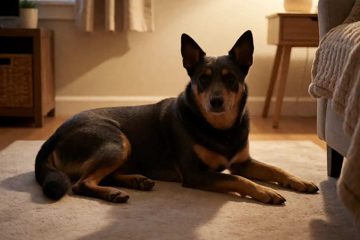 Cão-Tigre-da-Austrália de pelo curto descansando em casa sobre tapete