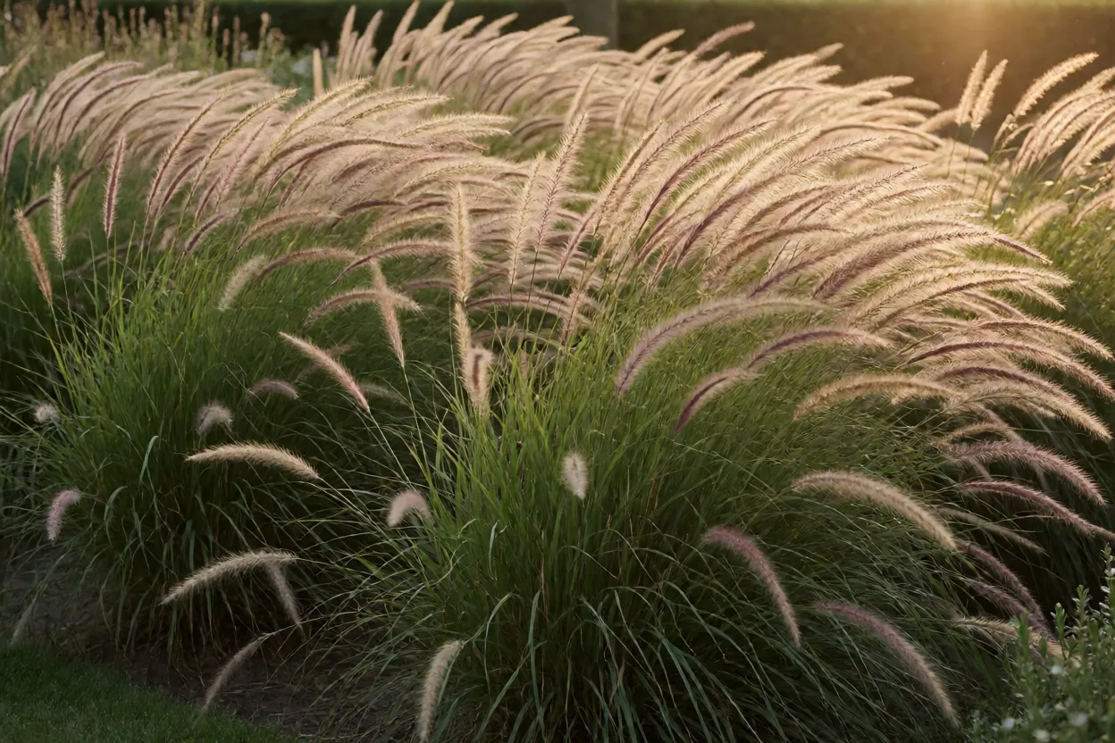 Jardim com maci&ccedil;os de capim-do-texas em movimento