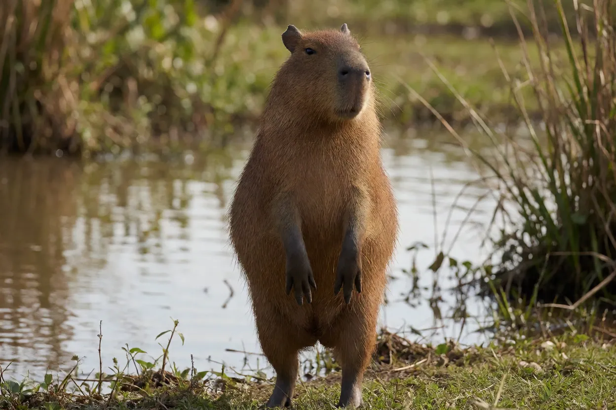 Capivara adulta de corpo inteiro em habitat natural alagado