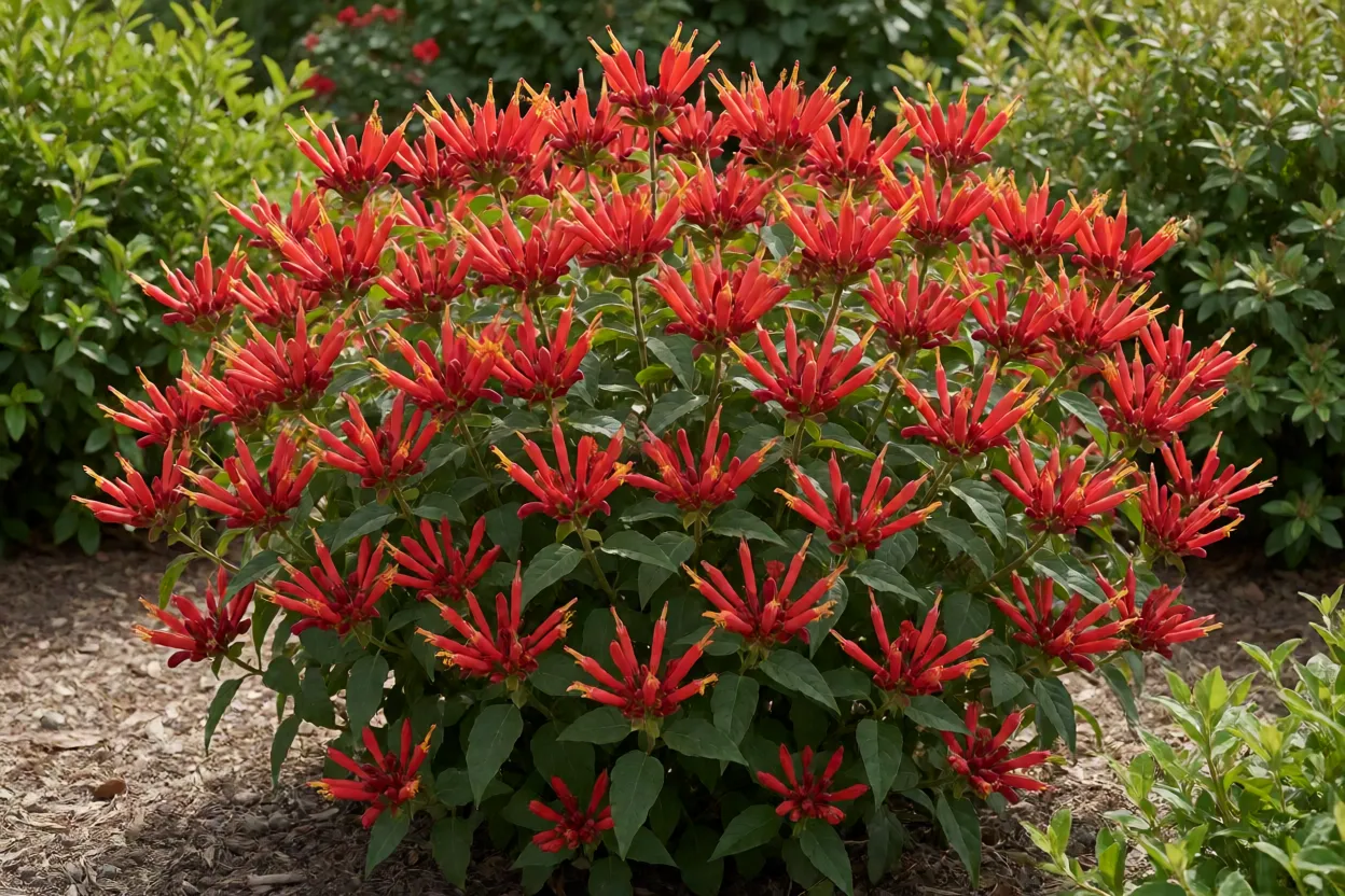 Capuz-de-freira Capuz-de-freira arbusto florido com flores em forma de chapéu vermelho