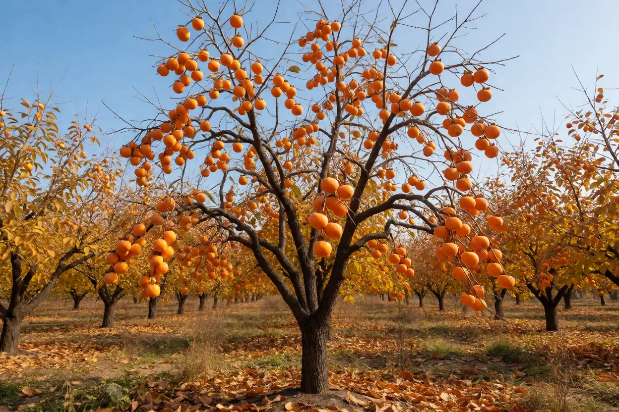 Caquizeiro carregado de caquis maduros laranja no pomar