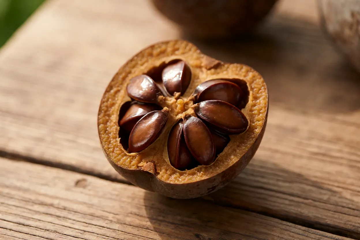 Fruto de caquizeiro-do-lótus cortado ao meio mostrando polpa escura e sementes