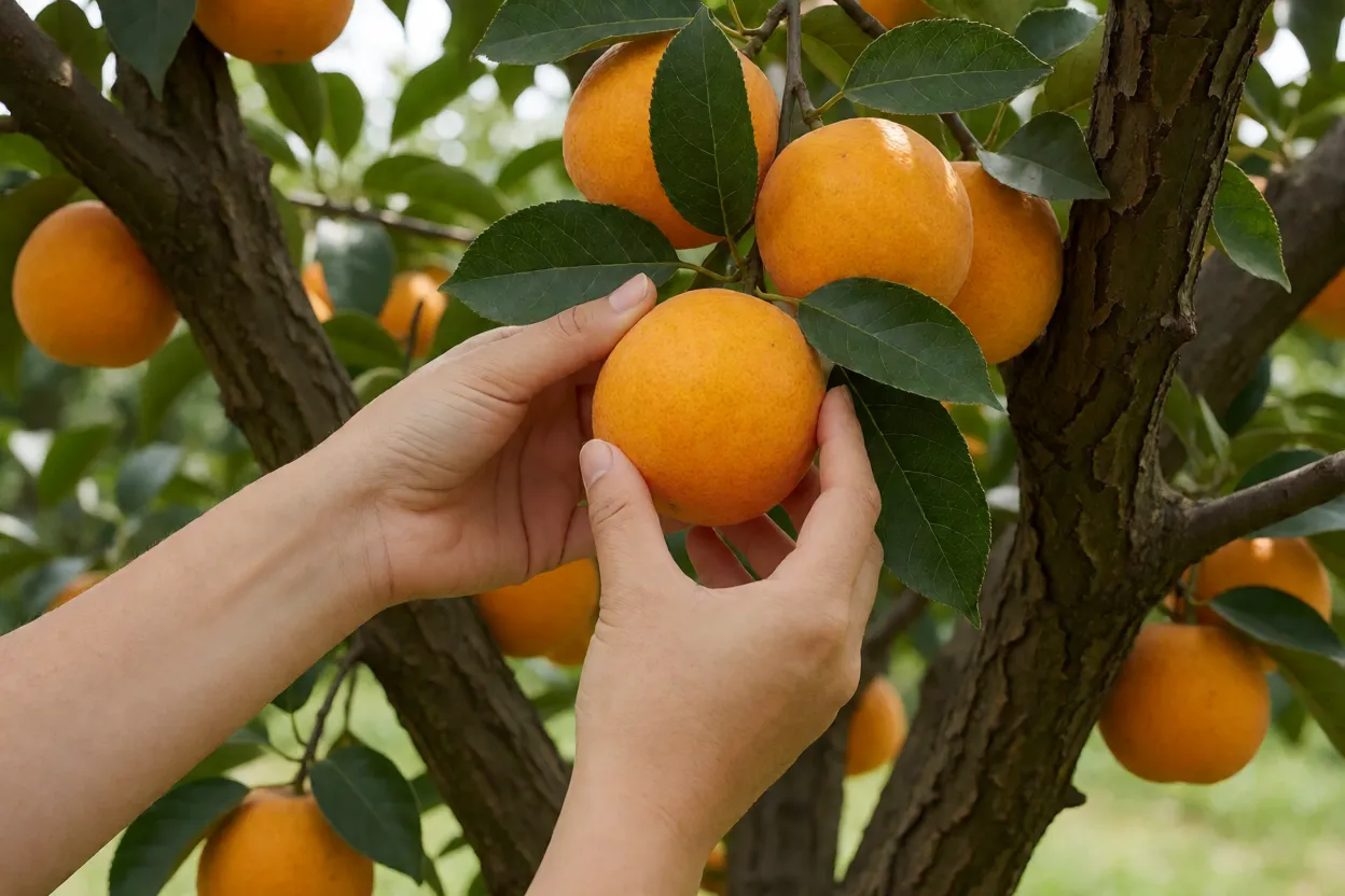 Caquizeiro: variedades de caqui, poda, cultivo e cuidados com a árvore Frutos de caqui maduros sendo colhidos
