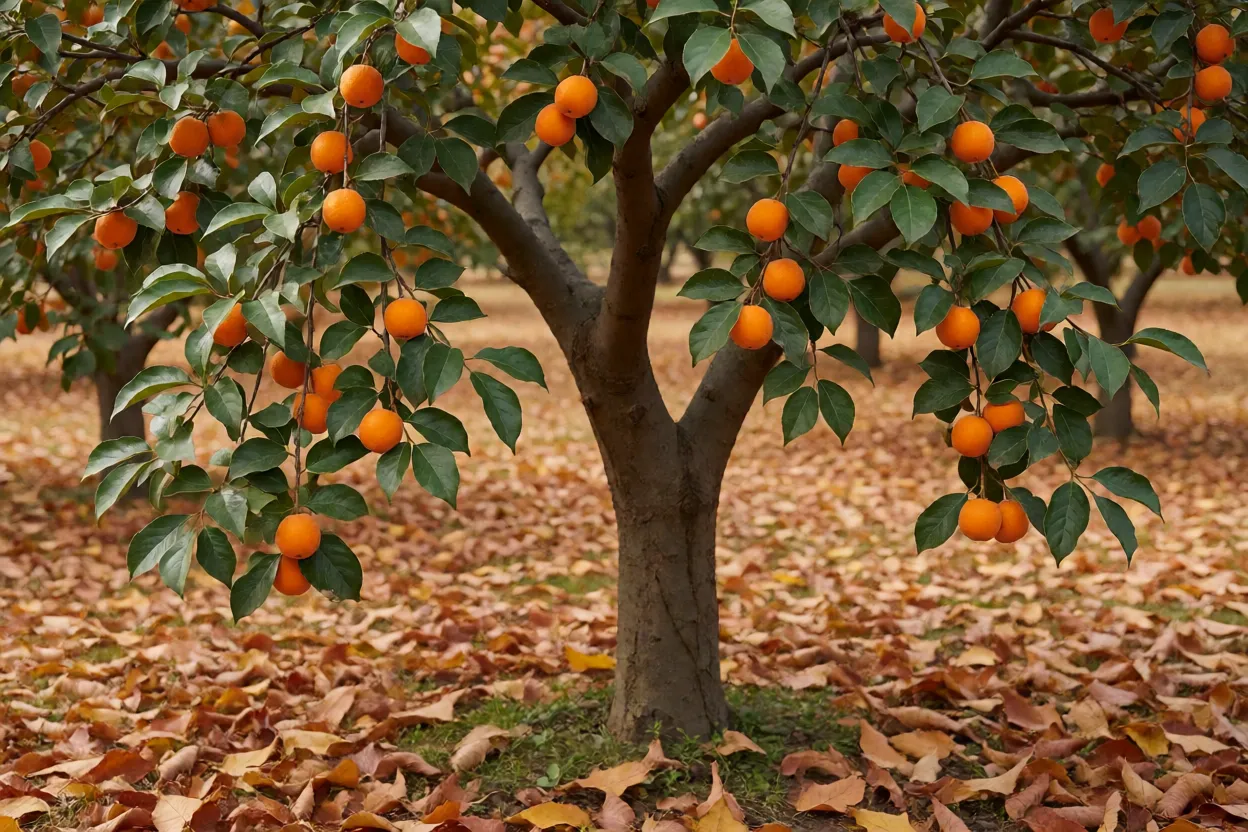 Caquizeiro: variedades de caqui, poda, cultivo e cuidados com a árvore Caquizeiro ornamental com frutos após a queda das folhas