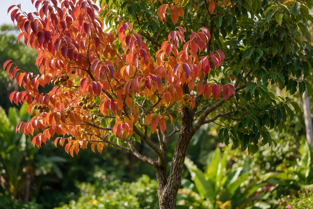 Caquizeiro: variedades de caqui, poda, cultivo e cuidados com a árvore Caquizeiro em região de clima subtropical com folhas outonais