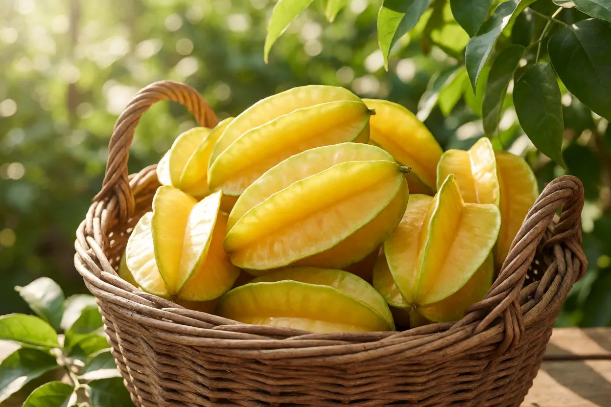 Cesto com colheita de carambolas amarelas frescas