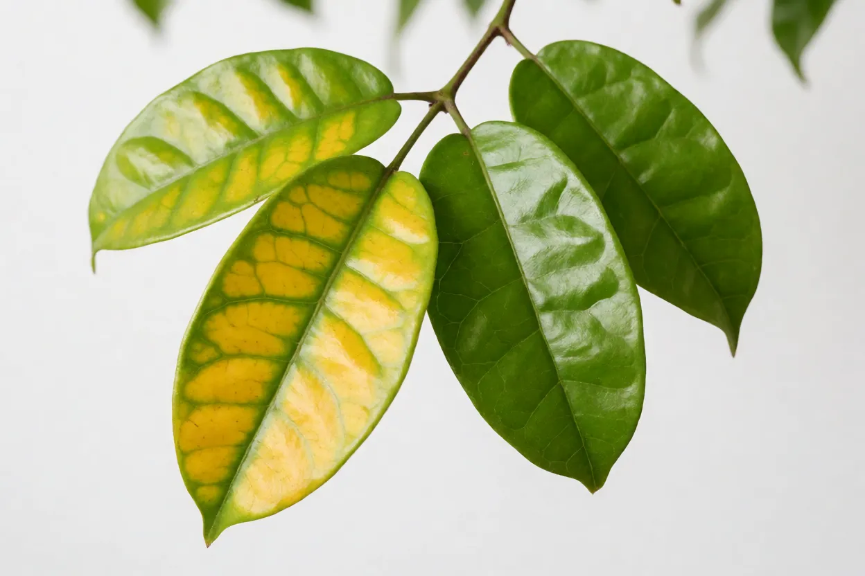 Folha de caramboleira amarelada com nervuras verdes por defici&ecirc;ncia nutricional