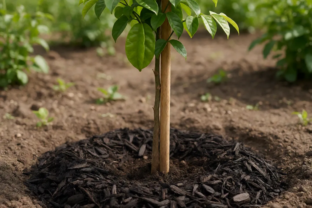 Muda enxertada de caramboleira rec&eacute;m-plantada com tutor e cobertura morta