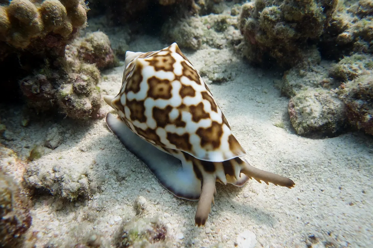 Caramujo-cone Conus geographus no fundo de recife de coral