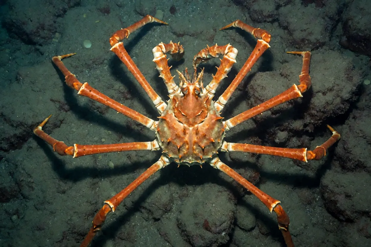 Caranguejo-aranha-gigante adulto visto de cima com pernas longas abertas no fundo do mar
