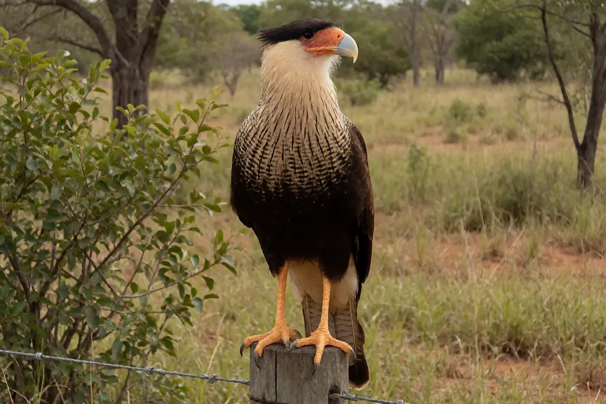 Carcará de corpo inteiro pousado em mourão no cerrado