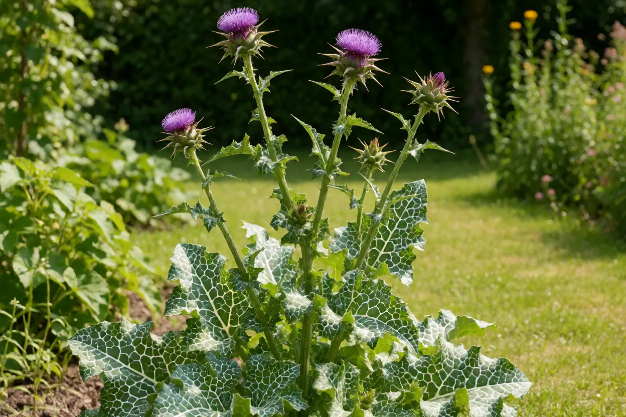 Cardo-mariano adulto em jardim a sol pleno com folhas marmorizadas e flores roxas
