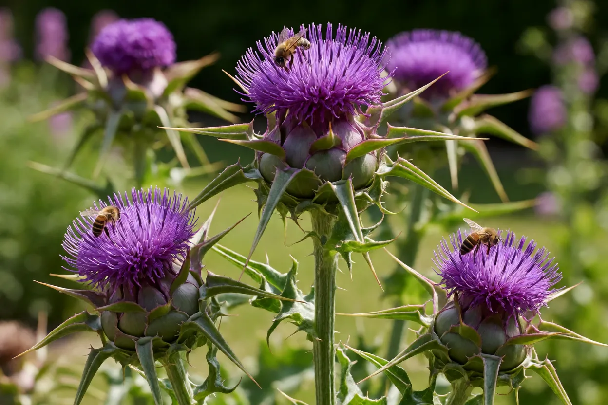 Cardo-mariano em jardim ornamental atraindo polinizadores
