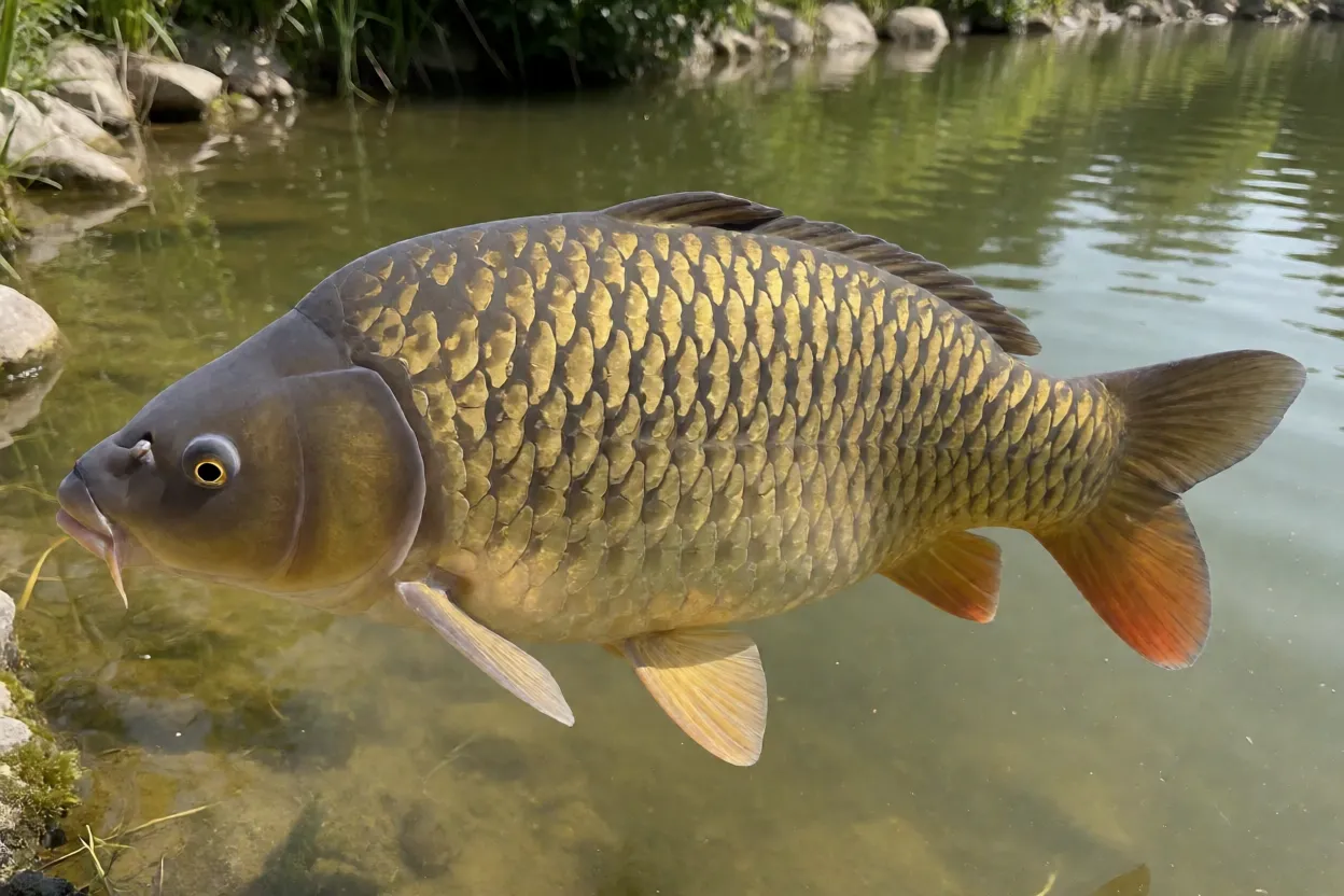 Carpa-espelho de lado mostrando escamas grandes e irregulares em lago de água doce