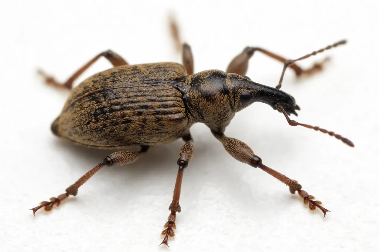 Caruncho-do-arroz Sitophilus oryzae em foto macro mostrando corpo marrom e focinho alongado