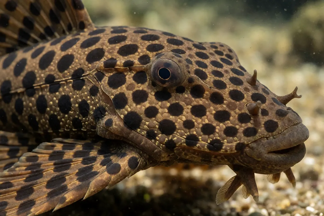 Cascudo-comum Hypostomus plecostomus visto de lado mostrando corpo blindado e manchas escuras
