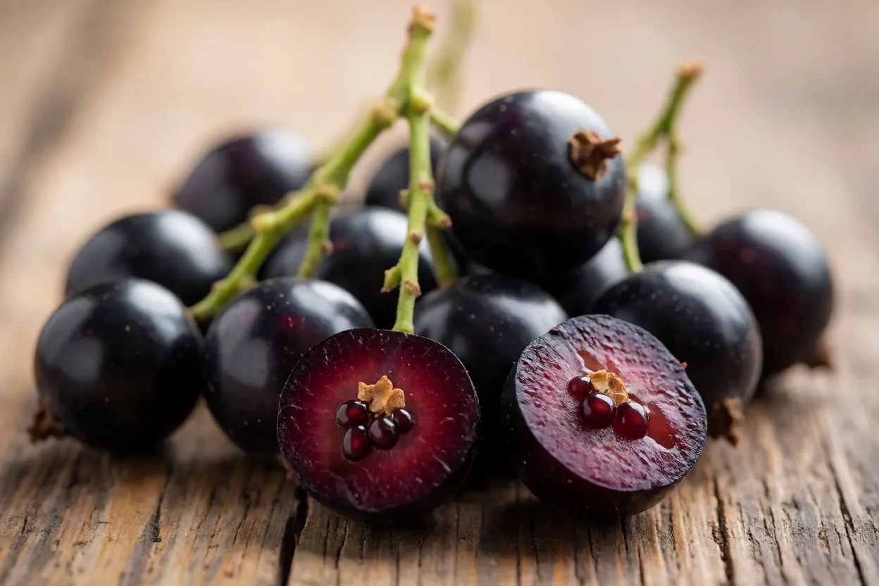 Fruta cassis fresca inteira e cortada mostrando polpa roxa escura