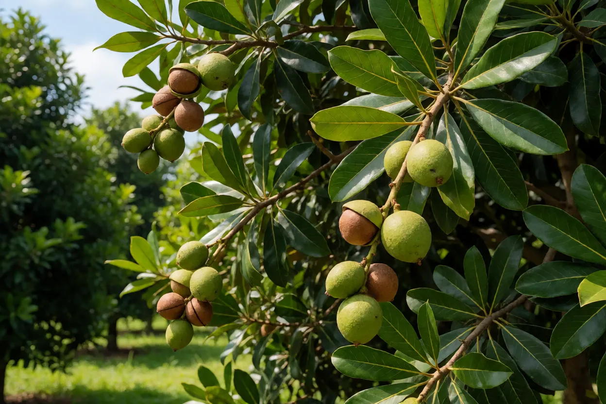 Árvore de castanha-macadâmia carregada de frutos verdes e nozes maduras