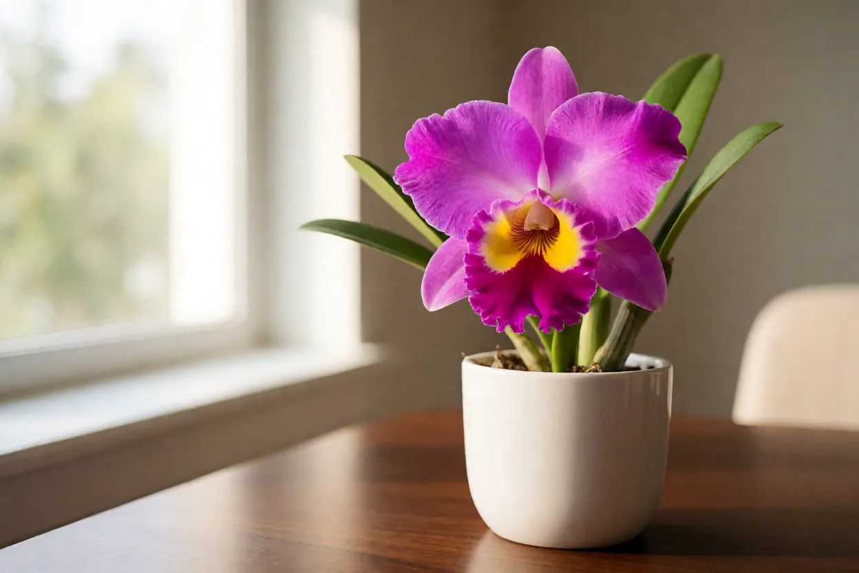 Catléia em vaso decorativo em ambiente interno bem iluminado