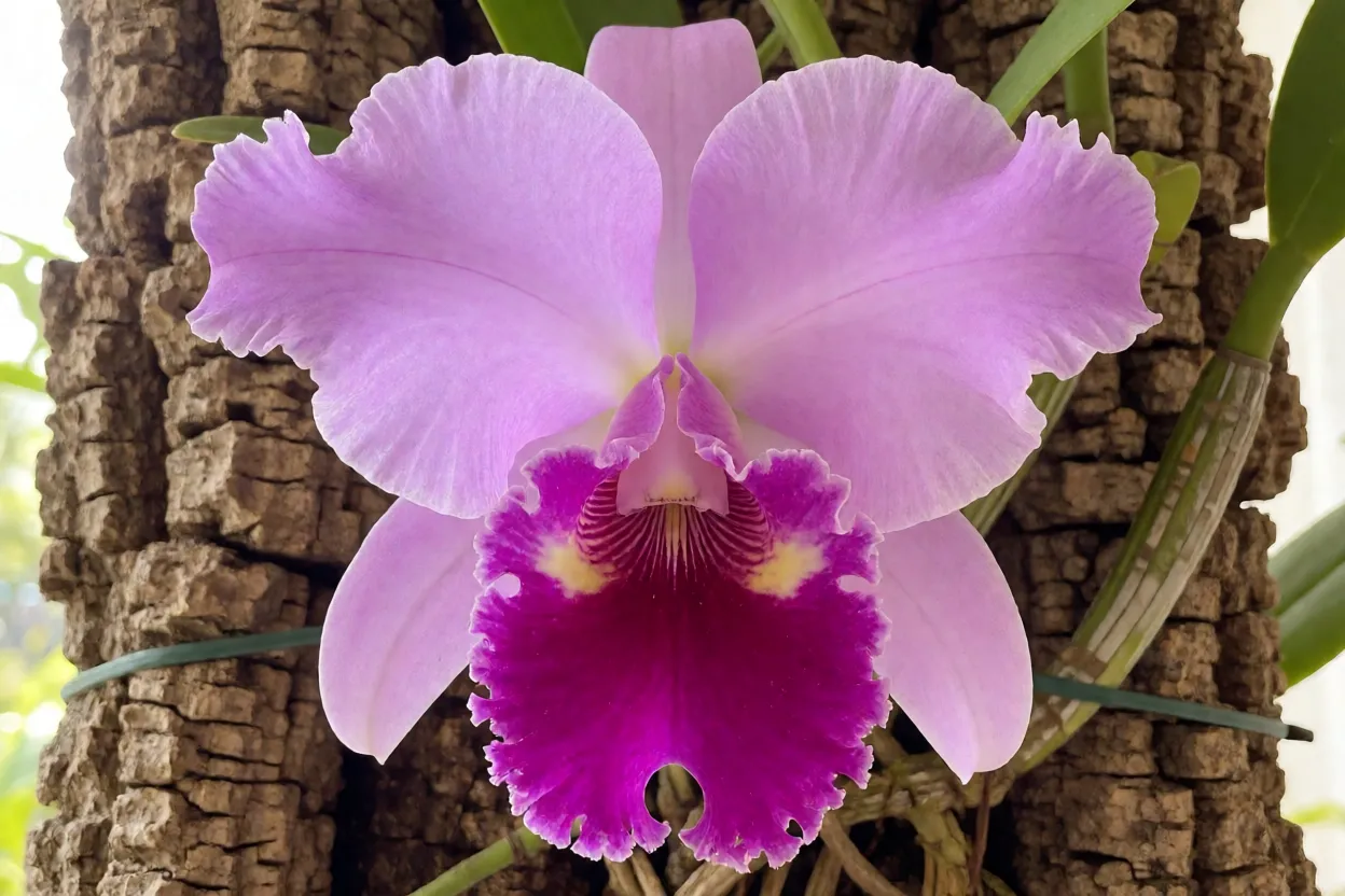 Cattleya nobilior florida montada em casca de cortiça com flores lilás