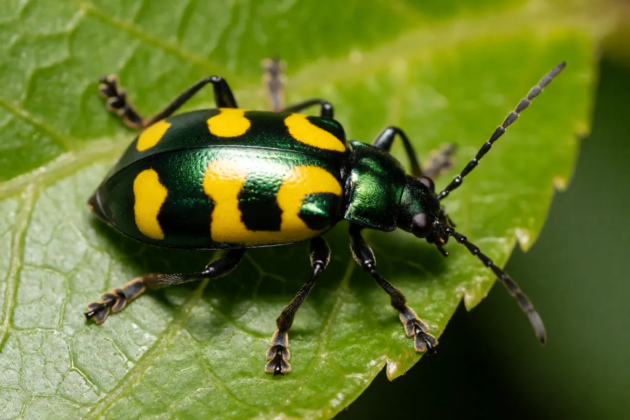 Catuquira vaquinha-patriota verde com seis manchas amarelas sobre folha