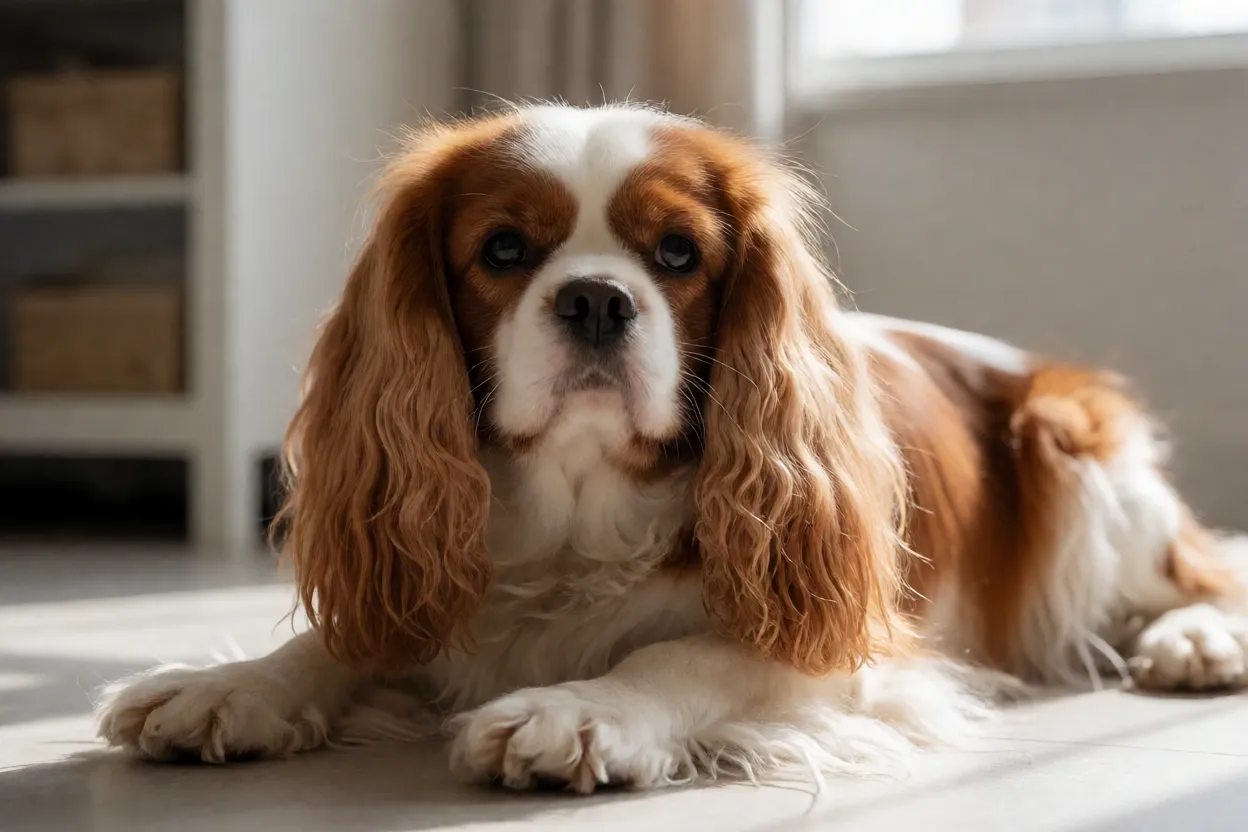 Cavalier King Charles Spaniel adulto deitado em ambiente interno com express&atilde;o suave