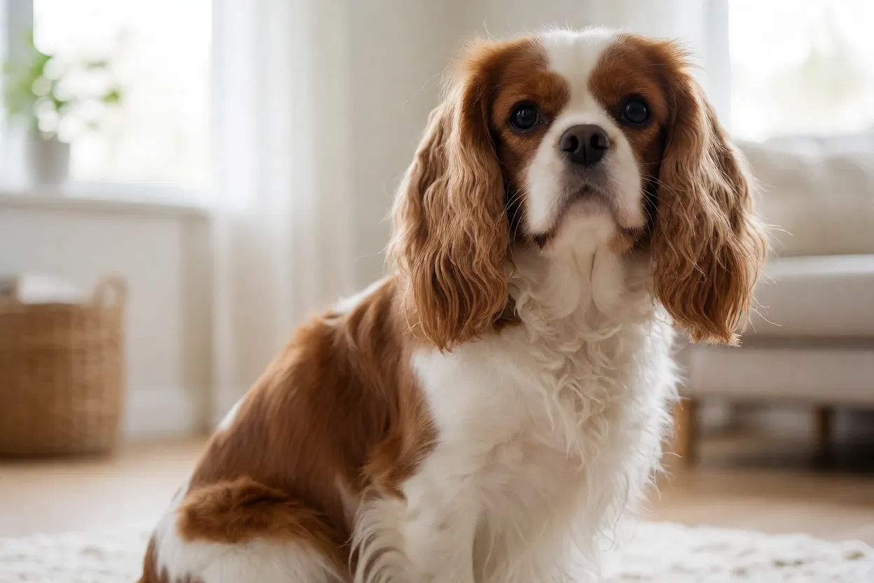 Cavalier King Charles Spaniel com express&atilde;o atenta em ambiente dom&eacute;stico