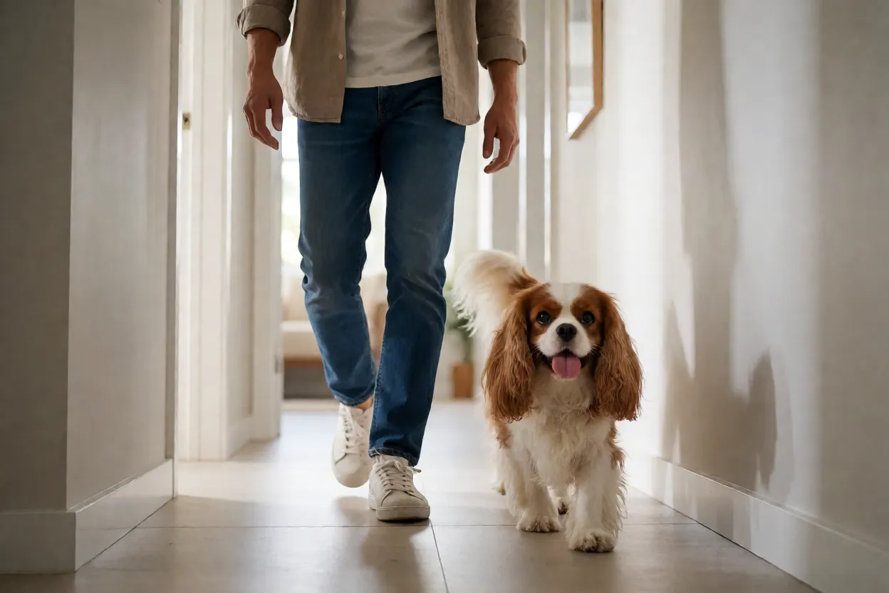 Cavalier King Charles Spaniel seguindo o tutor pela casa