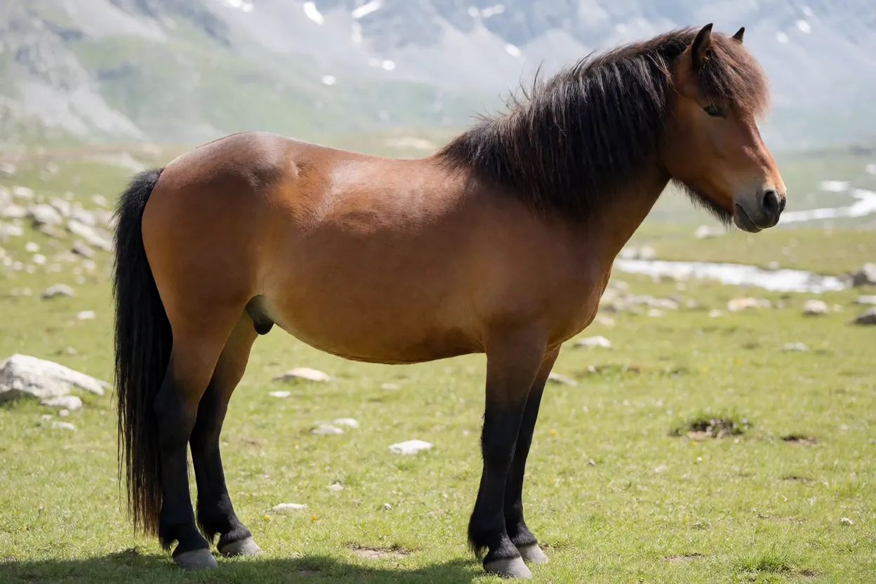 Cavalo de Hequ adulto de corpo inteiro em pastagem alpina