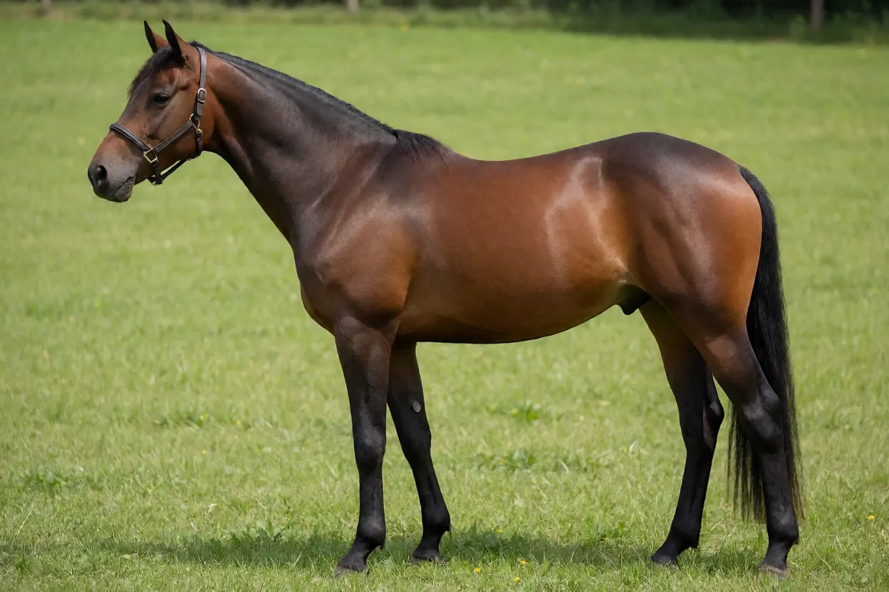 Cavalo de Sela Ucraniano adulto de pelagem castanha em vista lateral na pastagem