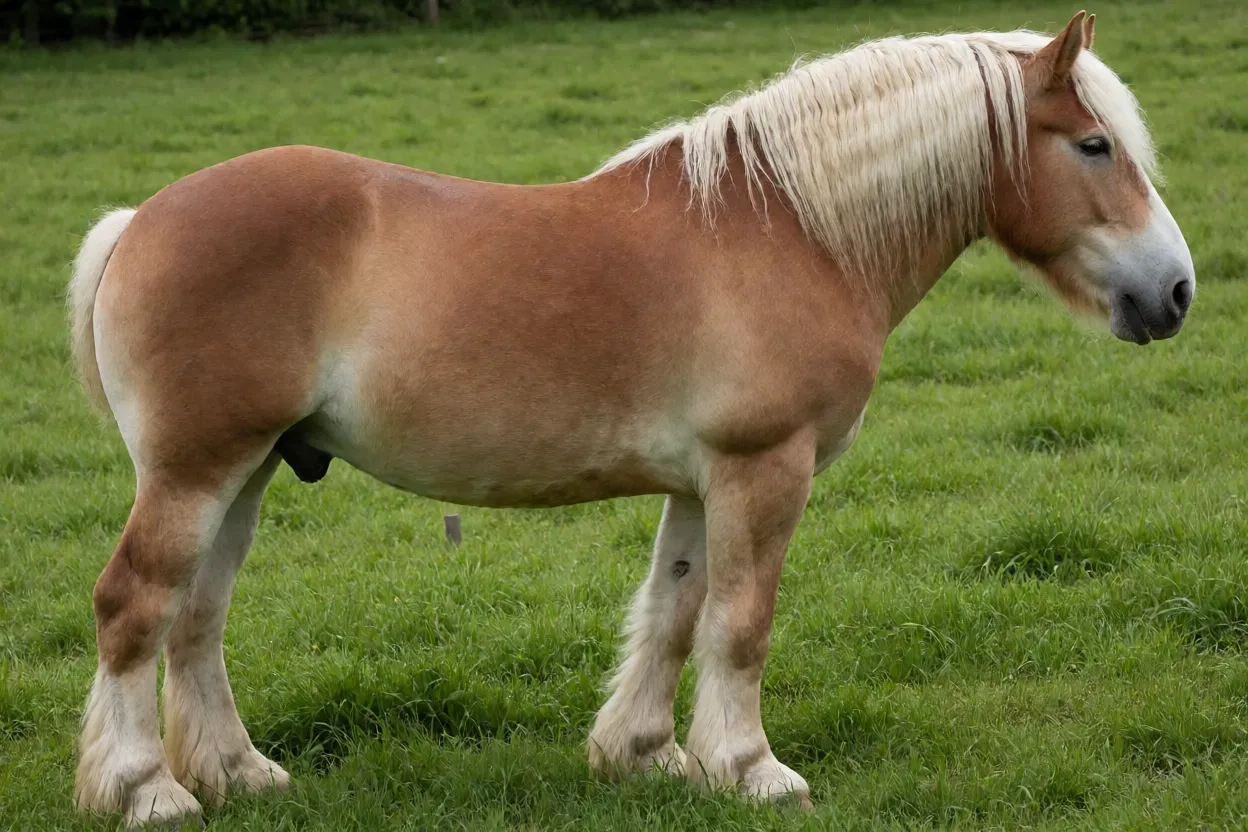 Cavalo de Tiro Belga adulto de pelagem alazã clara em pé na pastagem, vista lateral