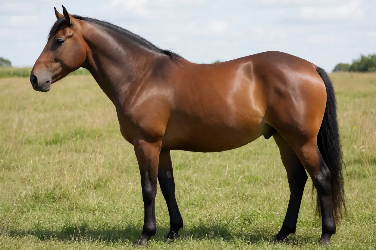 Cavalo de Tiro Bielorrusso adulto de corpo inteiro em pasto, vista lateral