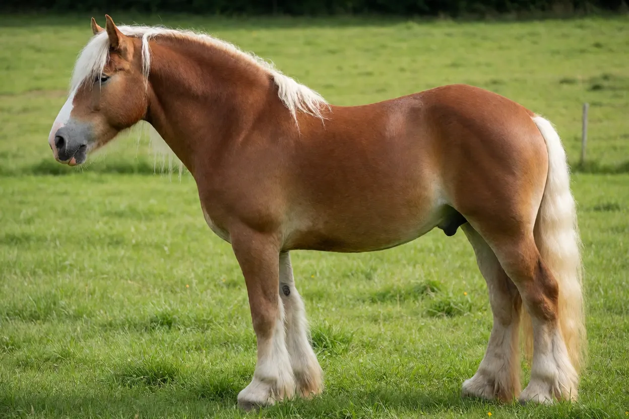 Cavalo de Tiro Italiano adulto de pelagem alazã crina lavada em pasto, vista lateral
