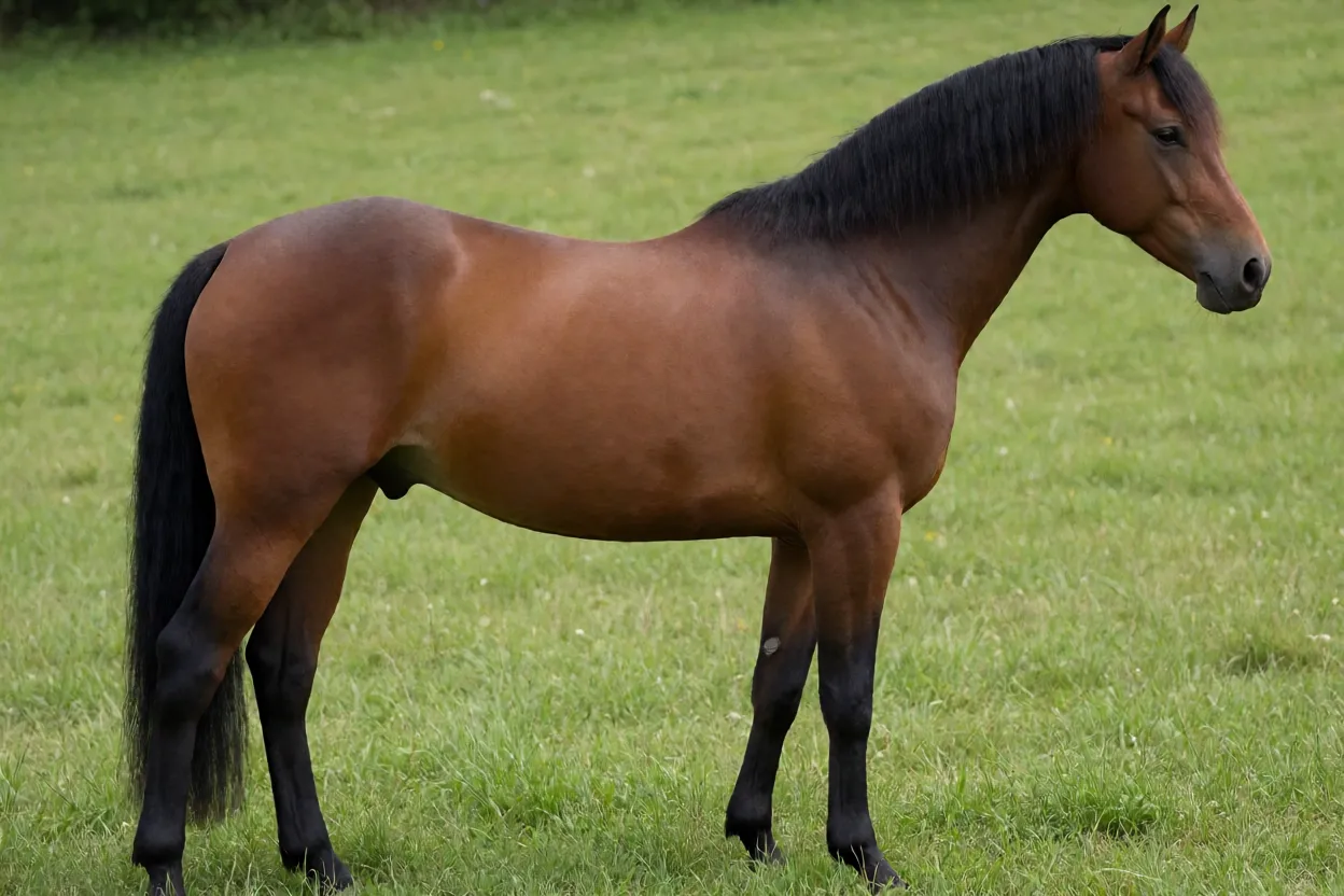 Cavalo Esportivo Húngaro adulto de pelagem baia em vista lateral na pastagem