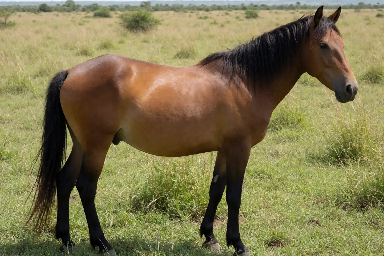 Cavalo Lavradeiro adulto de pelagem baia em pé de perfil no Lavrado de Roraima