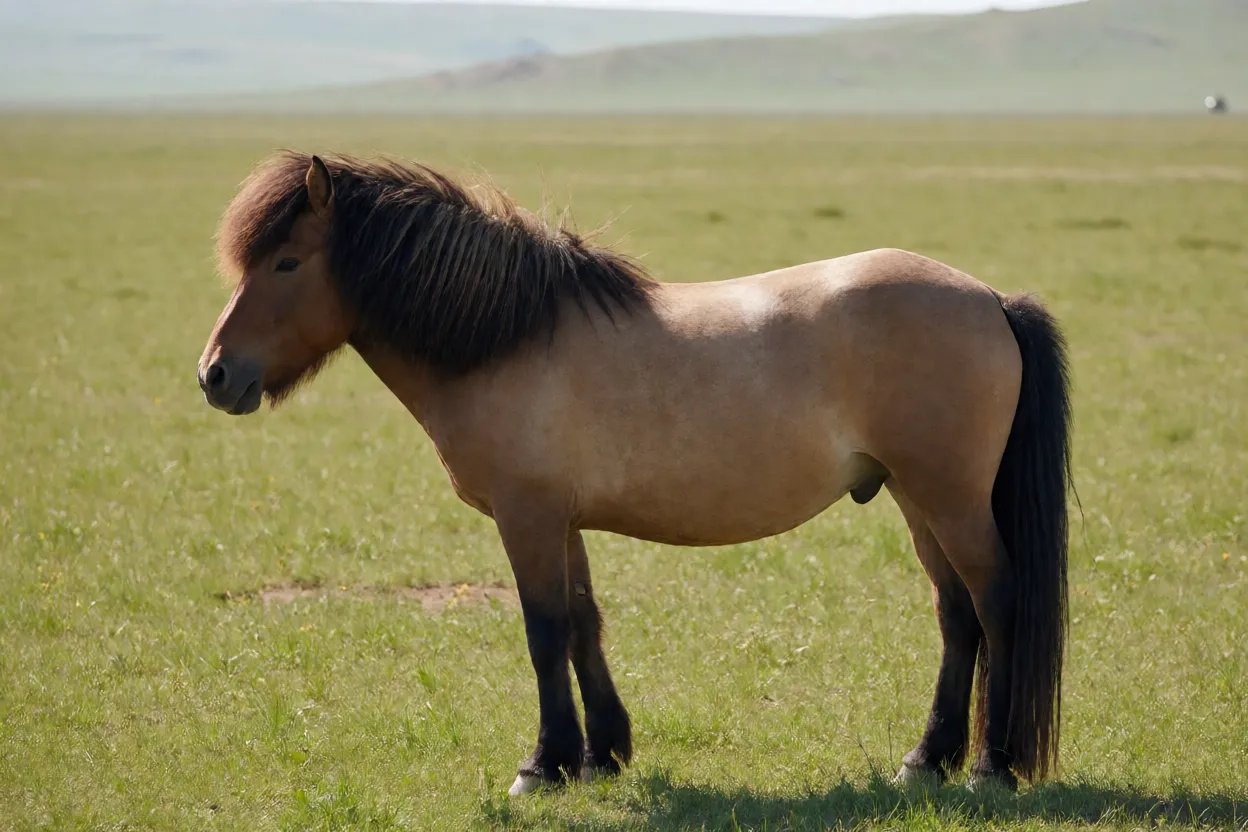 Cavalo Mongol adulto de corpo inteiro na estepe