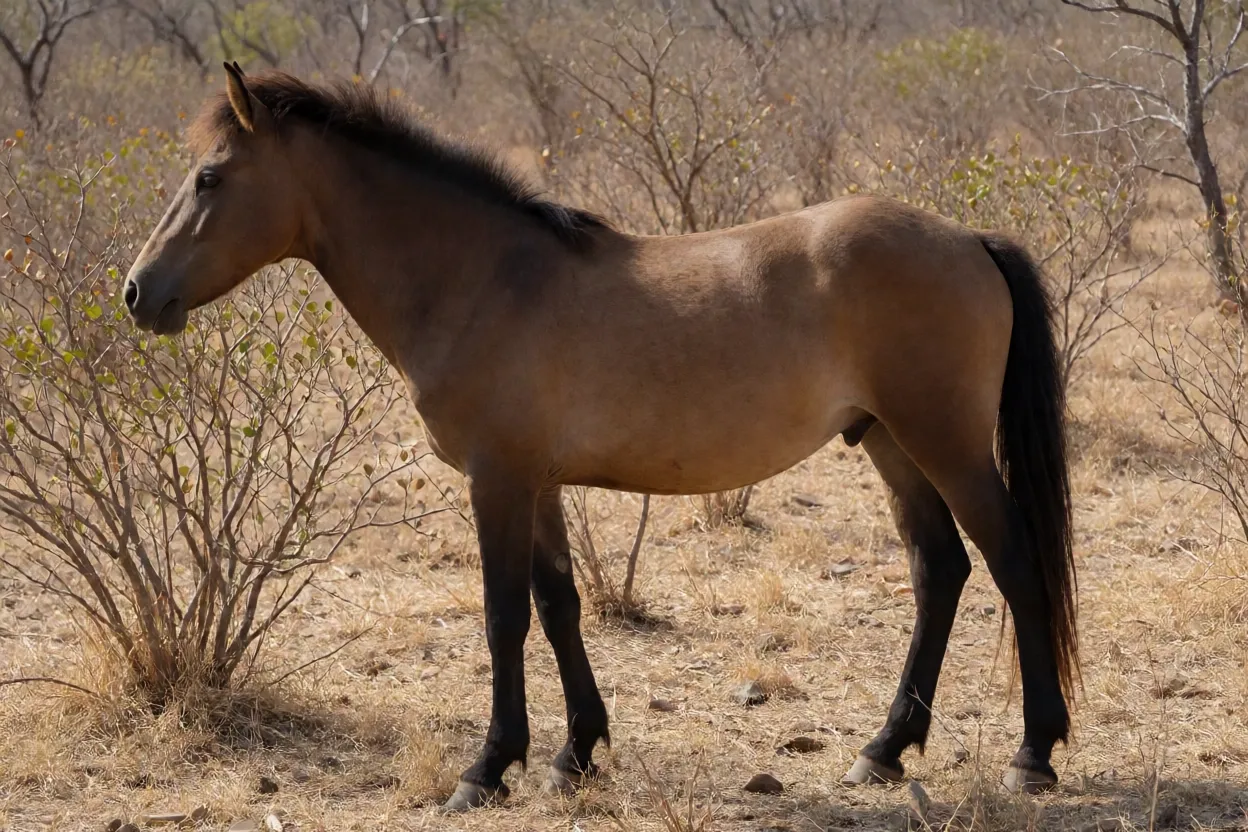 Cavalo Nordestino adulto de corpo inteiro em pasto da Caatinga