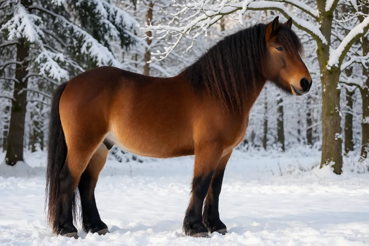 Cavalo Sueco do Norte adulto de pelagem baia em pasto nevado, vista lateral