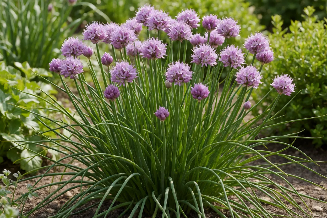 Cebolinha-francesa adulta com flores esféricas lilás e folhas finas tubulares no canteiro
