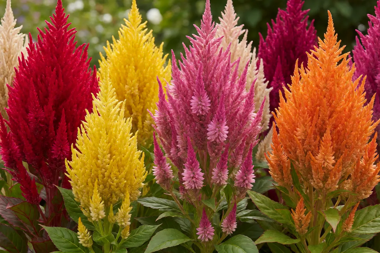 Diversas cores de Cel&oacute;sia Plumosa lado a lado: vermelho, amarelo, rosa e laranja
