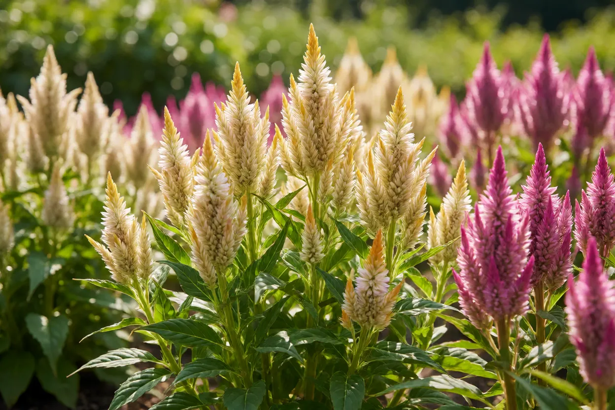 Cel&oacute;sia Plumosa cultivada a pleno sol em canteiro de jardim