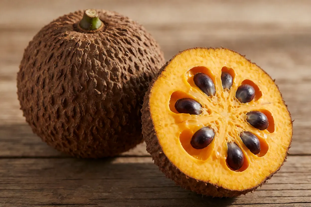 Fruto de cempedak inteiro e cortado mostrando polpa alaranjada