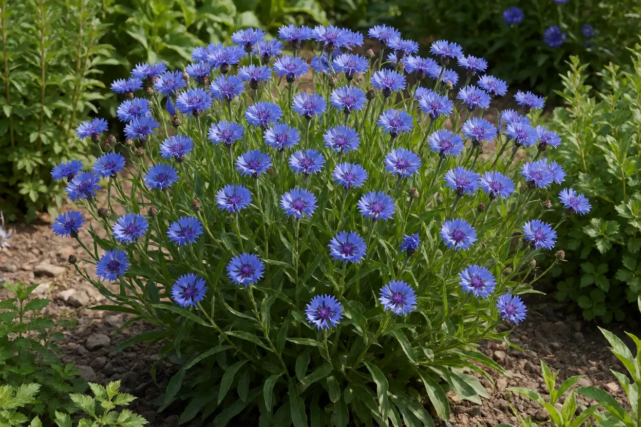 Centáurea azul em plena floração no canteiro de jardim