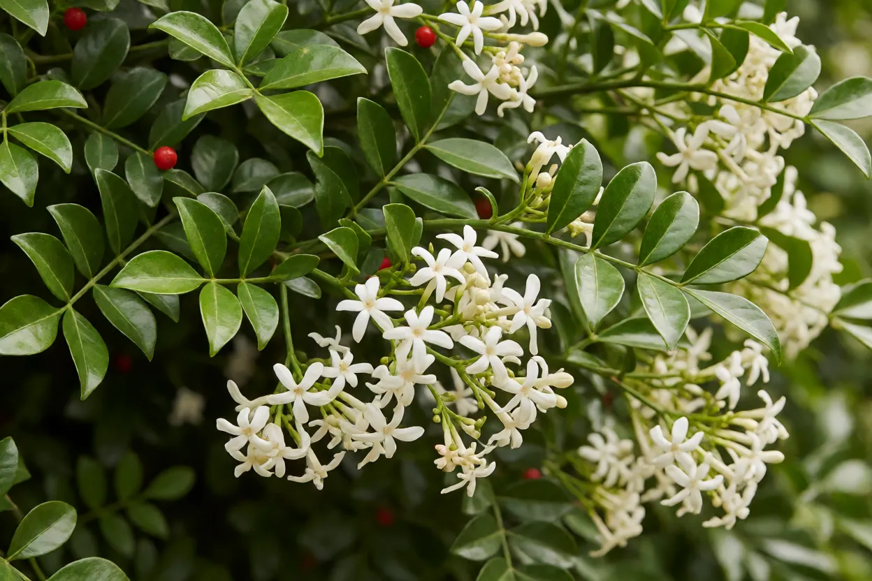 Ramos de murta-de-cheiro com folhas brilhantes e flores brancas perfumadas