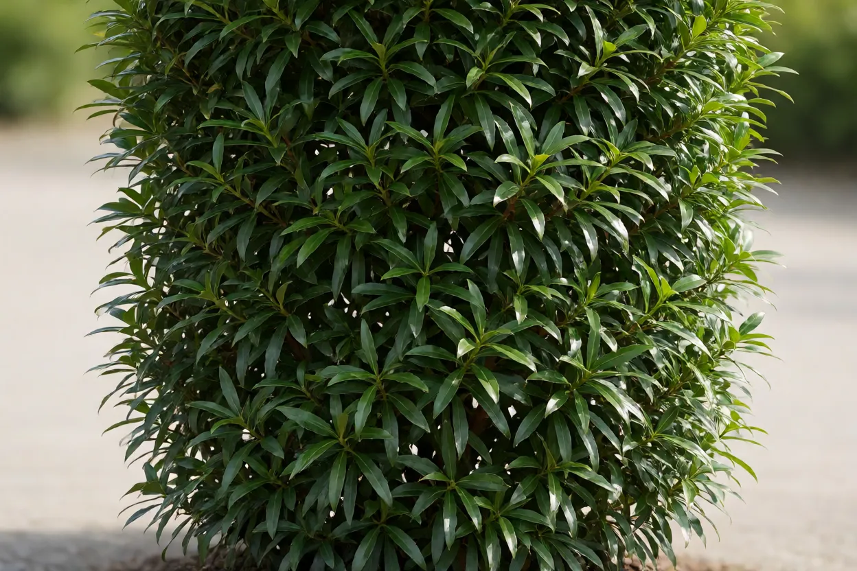 Cerca-viva de podocarpo com folhas estreitas verde-escuras em formato de coluna