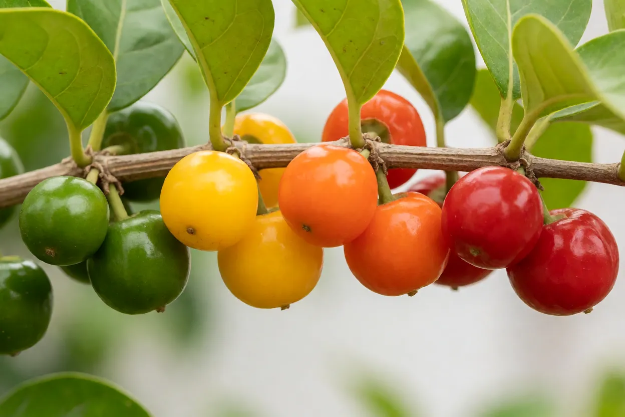 Frutos de cereja-de-barbados em diferentes estágios de maturação no galho