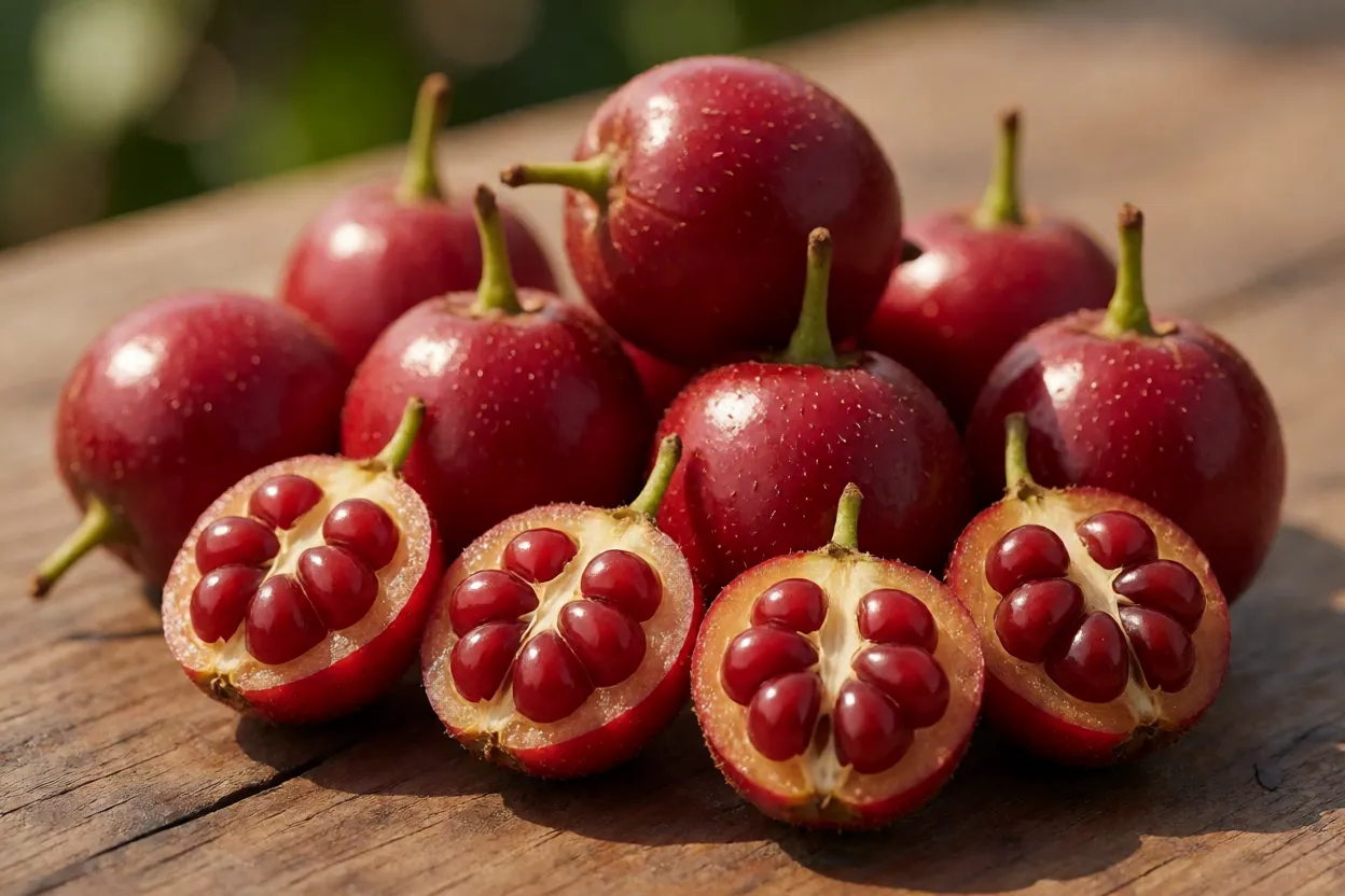 Frutos de cereja-do-mato inteiros e cortado mostrando polpa e sementes
