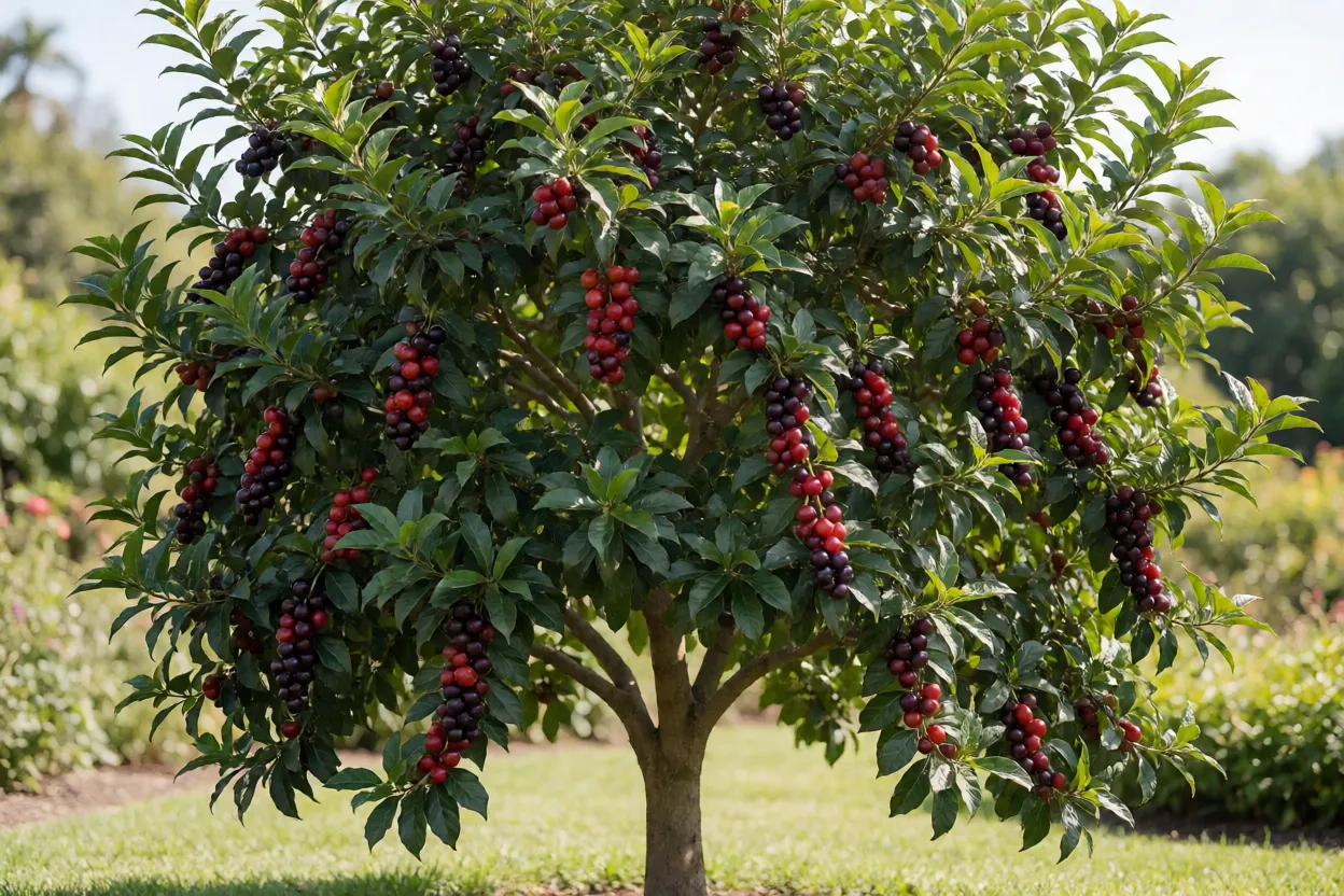 Árvore de cereja-do-rio-grande carregada de frutos maduros