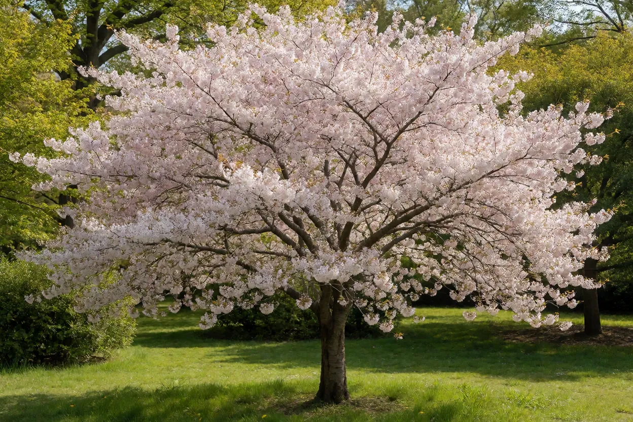 Cerejeira-do-japão adulta em plena floração rosa e branca