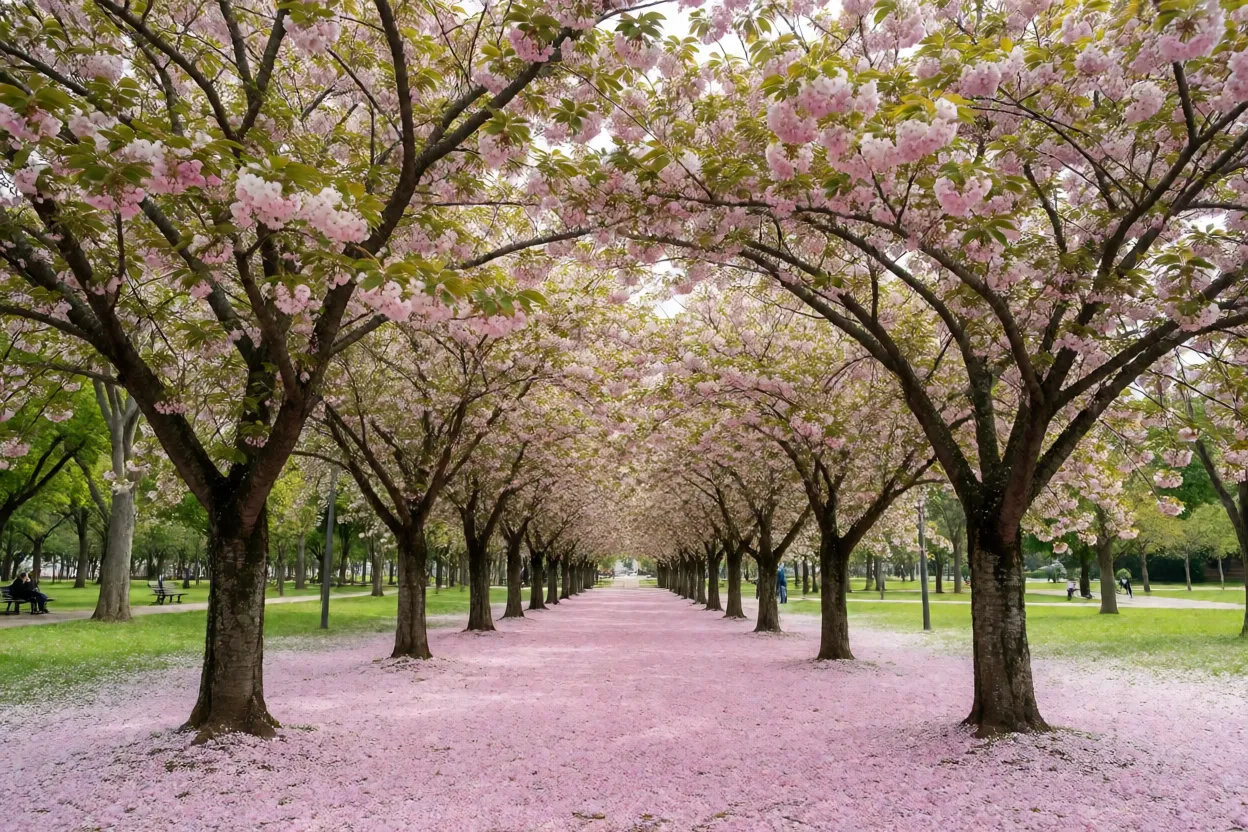 Alameda de cerejeiras-do-japão floridas em parque brasileiro